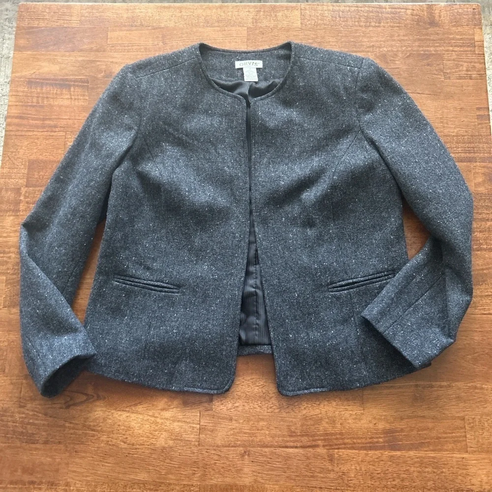Orvis women’s tailored fitted no button charcoal gray wool blend blazer size 14‍
